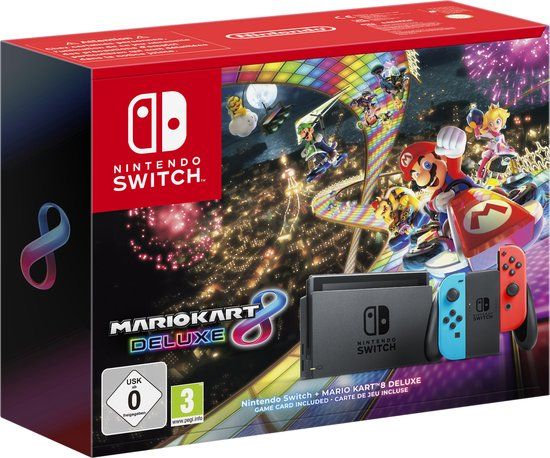 Verpakking van de Nintendo Switch-bundel met Mario Kart 8 Deluxe.