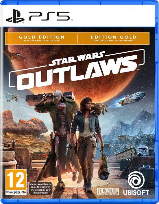 Cover van Star Wars Outlaws Gold Edition voor PS5 met twee personages en een woestijnlandschap.