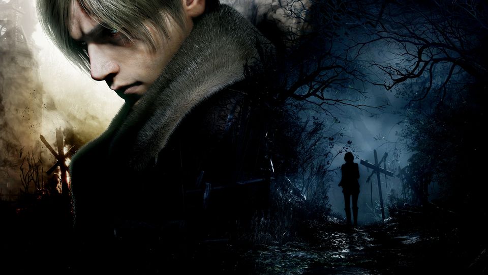 Artwork van Resident Evil 4 met Leon S. Kennedy in een duister dorp.