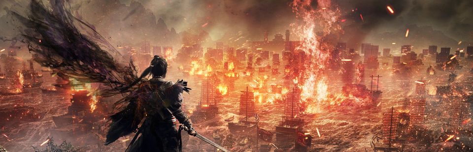 Key art van Wo Long 2: Wings of Ember met een strijder op een brandend slagveld.