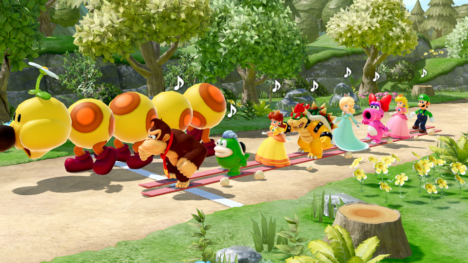 Spelers op een spelbord in Super Mario Party Jamboree.