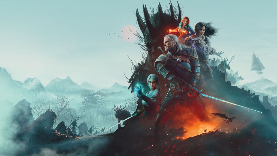 Geralt van Rivia in een donker landschap, key art van The Witcher 3: Wild Hunt Remastered.