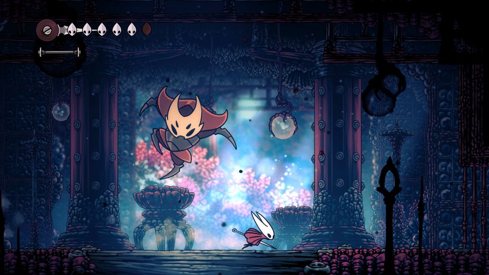 Hornet vecht tegen vijandige insecten in Hollow Knight: Silksong.