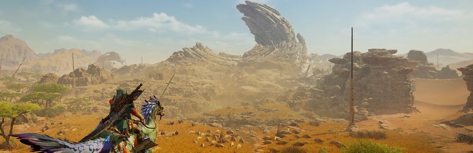 Jagers en grote monsters in een weids, verwilderd landschap uit Monster Hunter Wilds.