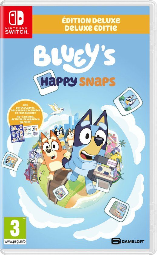 Verpakking van Bluey's Happy Snaps Day One Deluxe Edition voor Nintendo Switch.