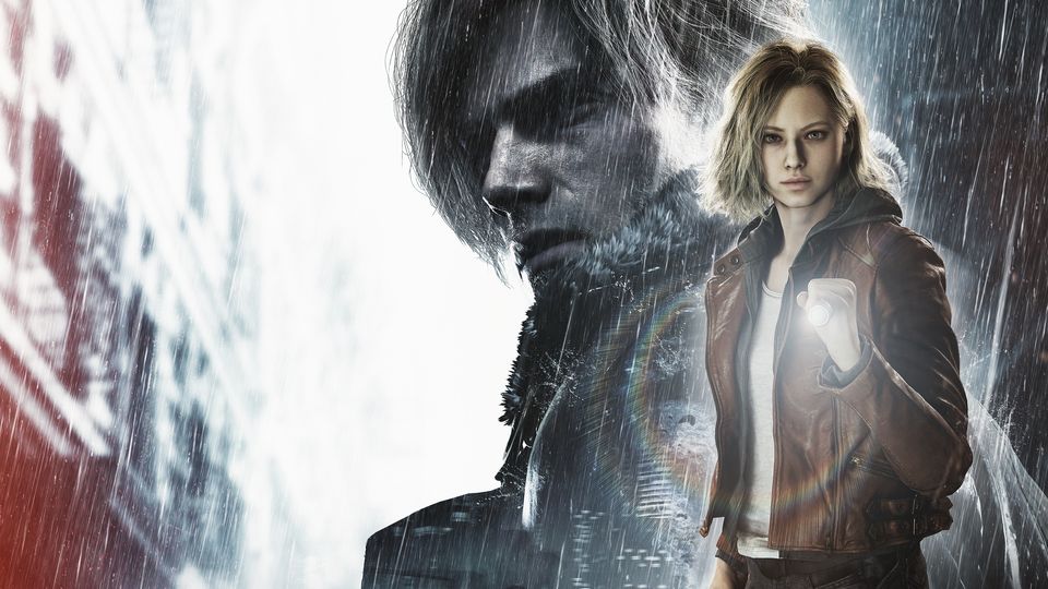 Artwork van Resident Evil Requiem met Grace Ashcroft met zaklamp in de regen en Leon S. Kennedy op de achtergrond.