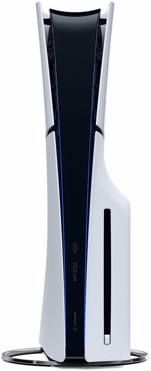 Een PlayStation 5 rechtop op de PlayStation 5 Vertical Stand.