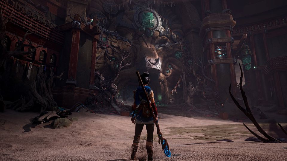 Gameplay uit Kena: Scars of Kosmora op het eiland Kosmora.