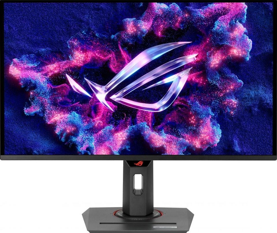 De ASUS ROG Strix OLED XG27UCDMG gaming monitor van voren op zijn standaard.