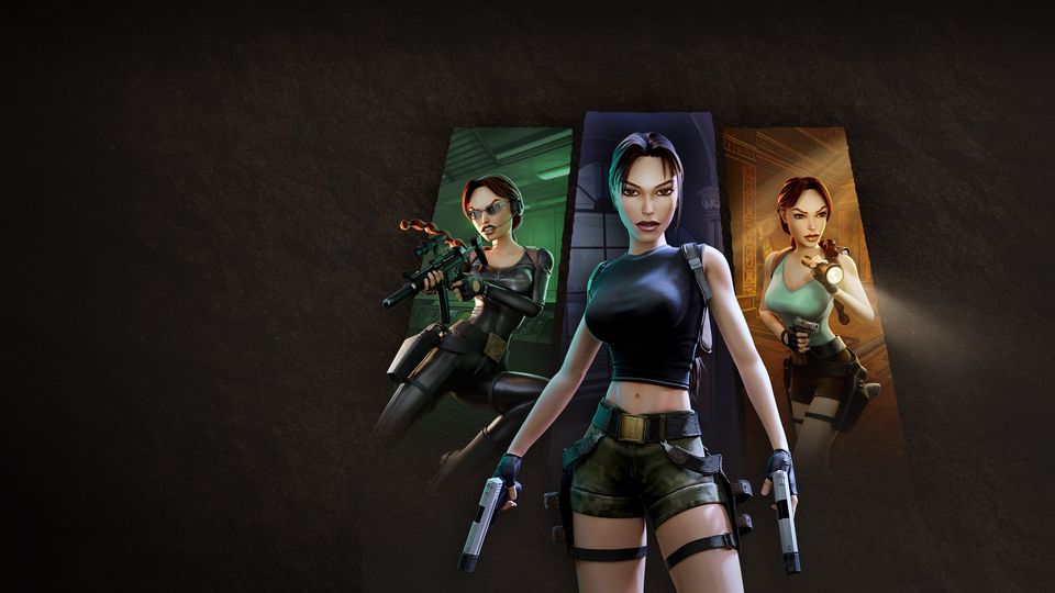 Lara Croft in een donkere omgeving uit de Tomb Raider IV-VI-trilogie.