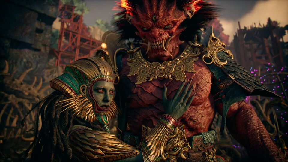 Een rode gehoornde demon staat naast een krijger in groen-gouden harnas.