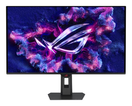 De ASUS ROG Strix OLED XG32UQWMS gaming monitor van voren op zijn standaard.