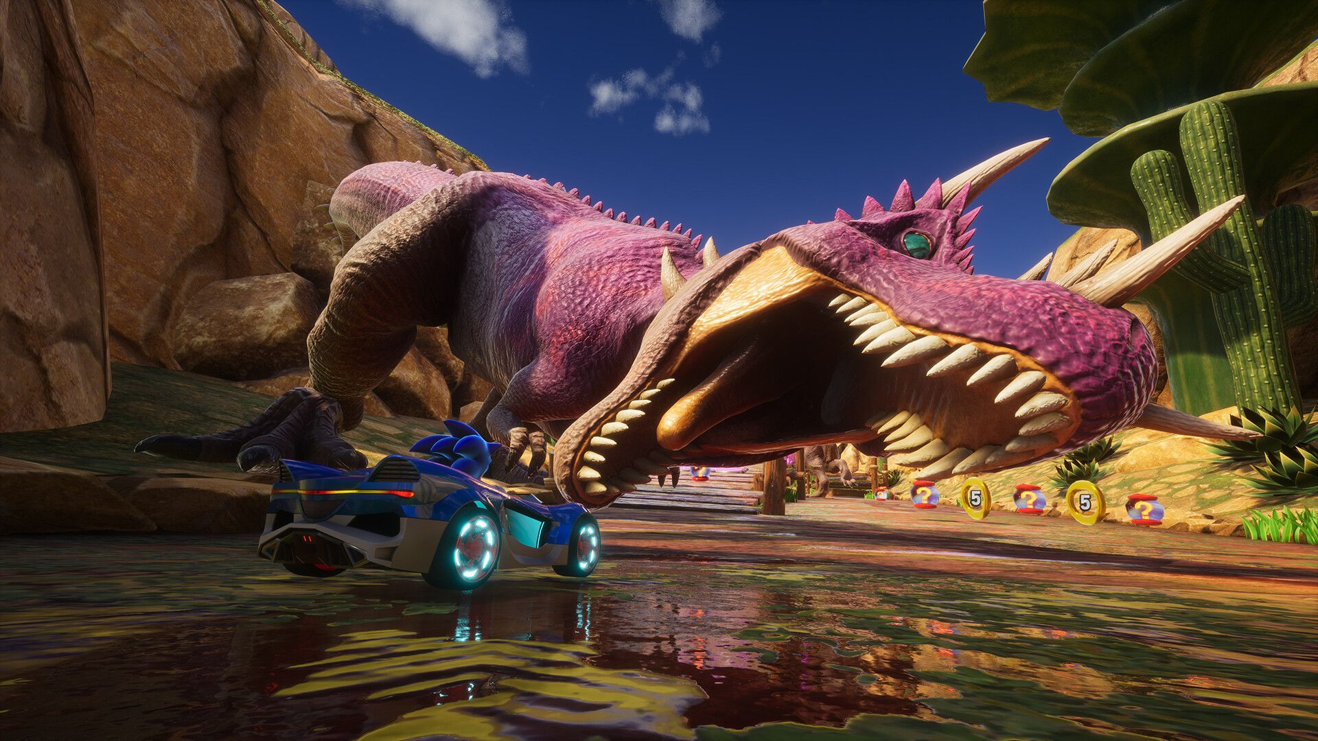 Racers op een kleurrijk circuit in Sonic Racing: CrossWorlds.