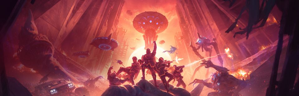 Helldivers in pantser vechten samen tegen buitenaardse vijanden.