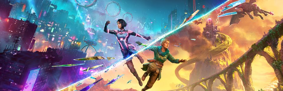 Mio en Zoe staan rug aan rug tussen een sciencefiction- en een fantasywereld.
