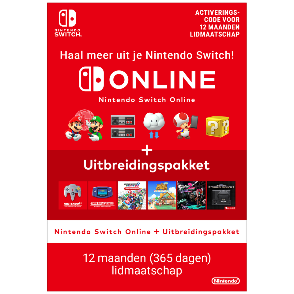 Kaart voor een Nintendo Switch Online + Uitbreidingspakket-lidmaatschap van 12 maanden.