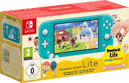 Verpakking van de Nintendo Switch Lite-bundel met Tomodachi Life: Living the Dream.