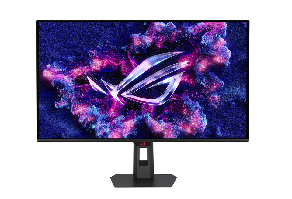 De ASUS ROG Strix OLED XG32UCDS gaming monitor van voren op zijn standaard.