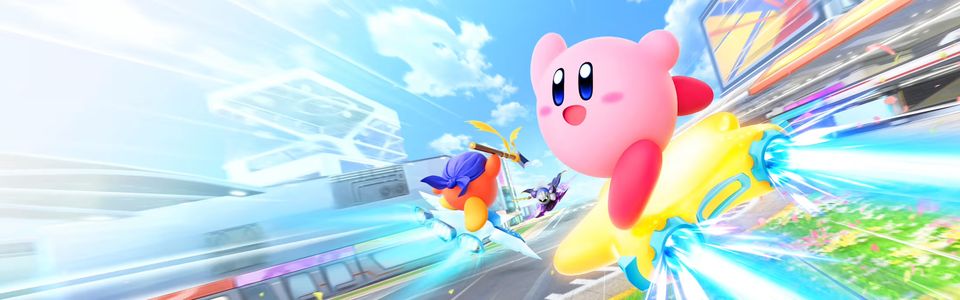 Key art van Kirby Air Riders met racende personages op Air Ride-machines.