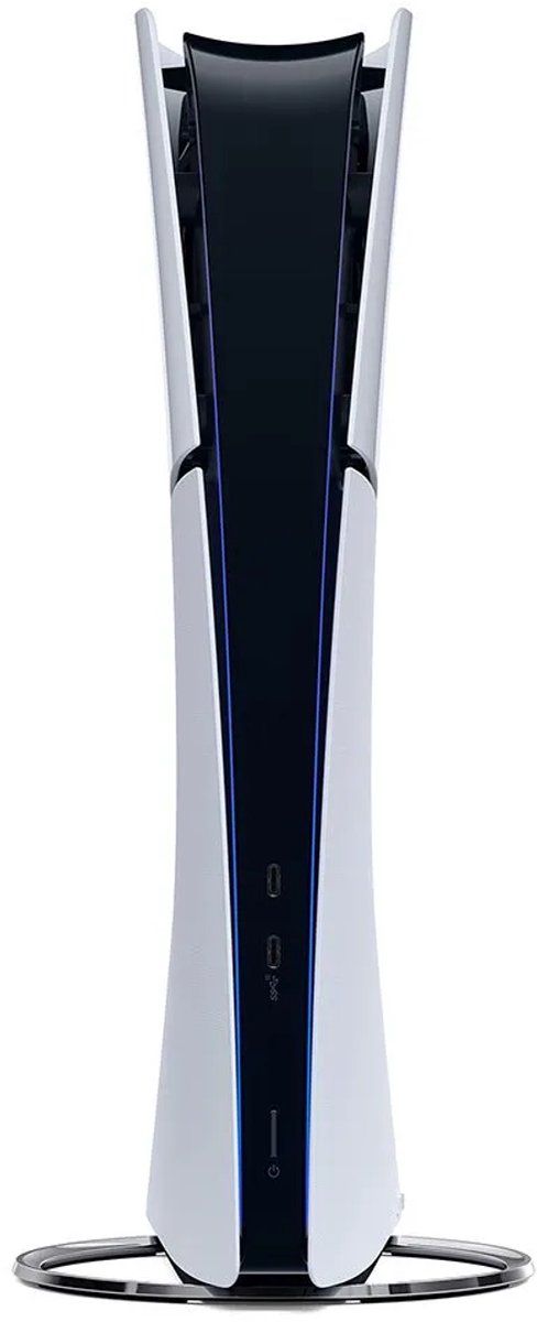 Een PlayStation 5 rechtop op de PlayStation 5 Vertical Stand.