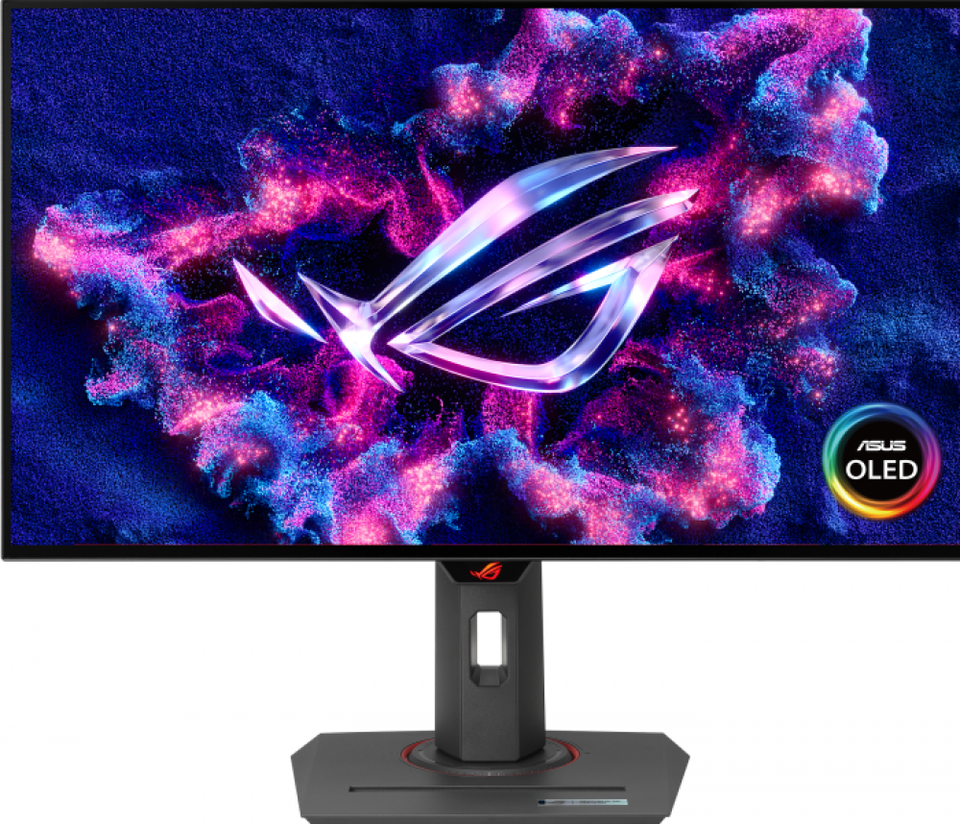 De ASUS ROG Strix OLED XG27AQDMG gaming monitor van voren op zijn standaard.