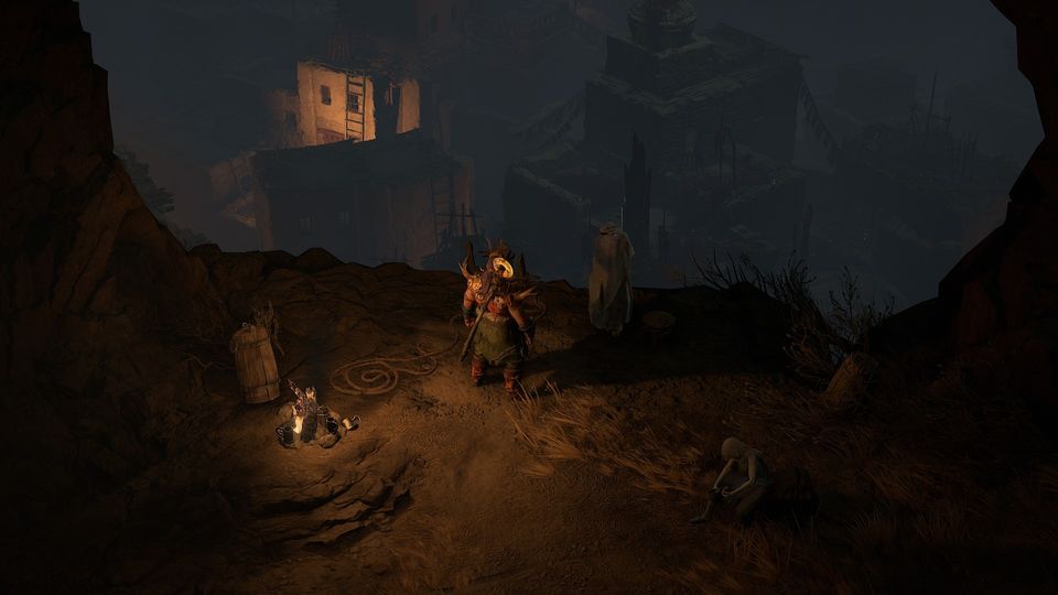 Een personage staat tegenover een grote vijand in Diablo IV.
