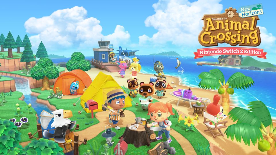 Tom Nook, Isabelle en eilandbewoners op een zonnig strand in Animal Crossing: New Horizons.